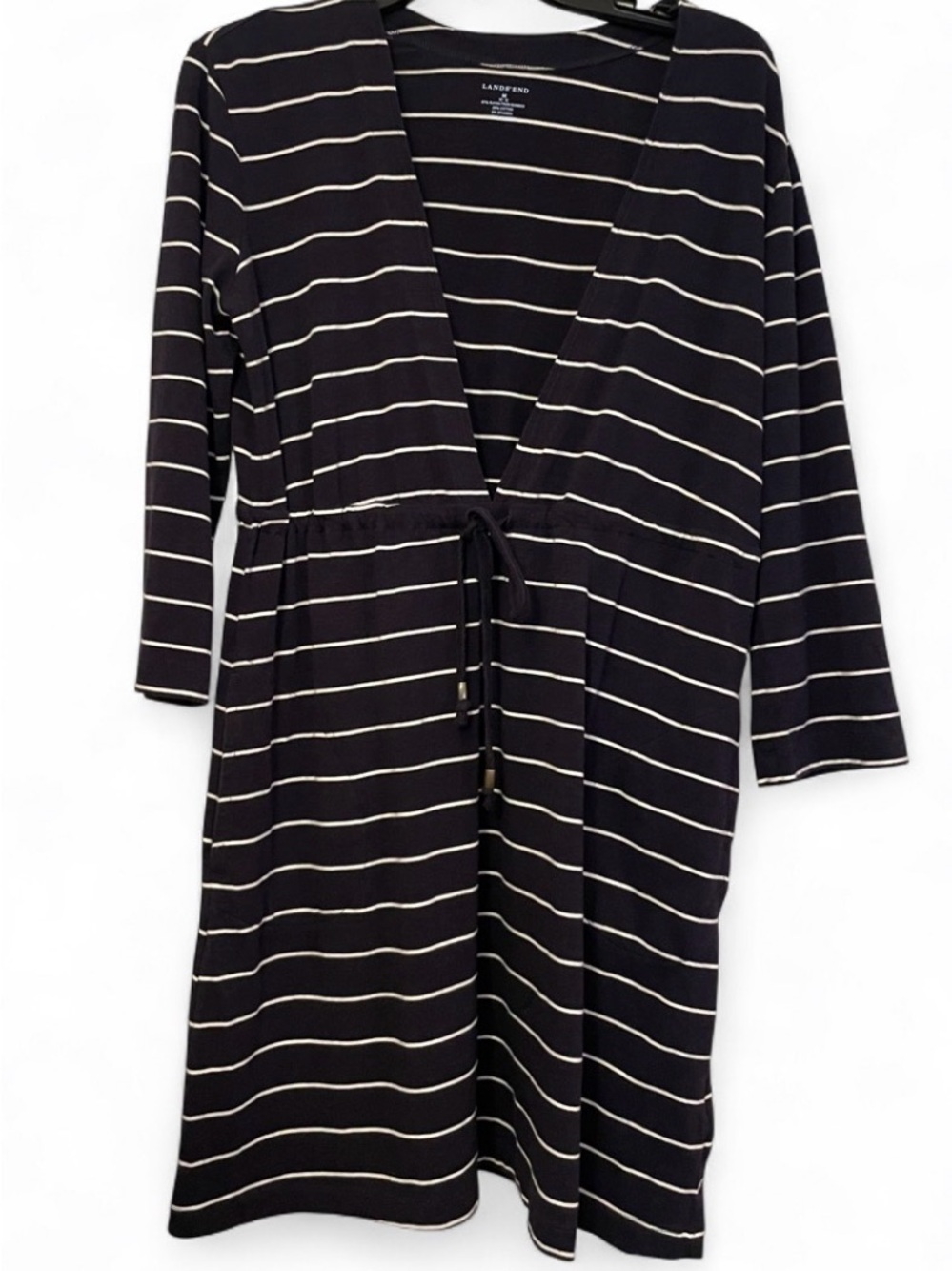 Lands End Grey and White Striped V-Neck Dress/ Coverup Womens Medium